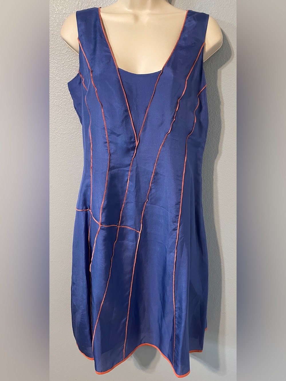 Sundance Blue Dress Sleeveless Coral Piping Boho Artsy Size 2 100% Silk